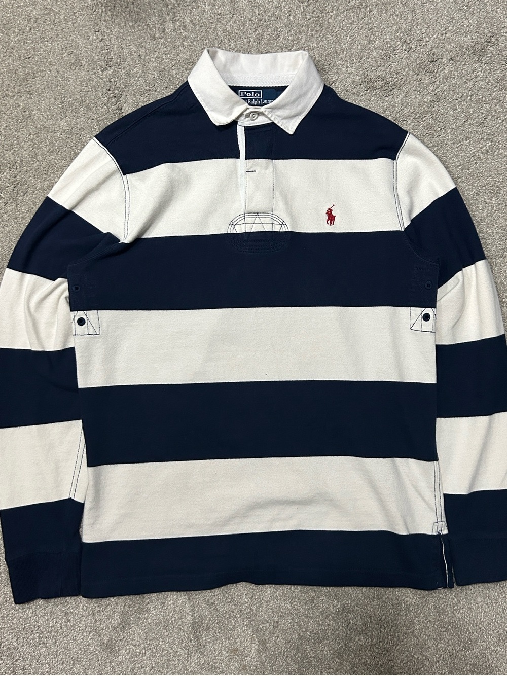 Vintage Polo Ralph Lauren White Navy Striped Rugby Shirt Mens Medium Y2K
